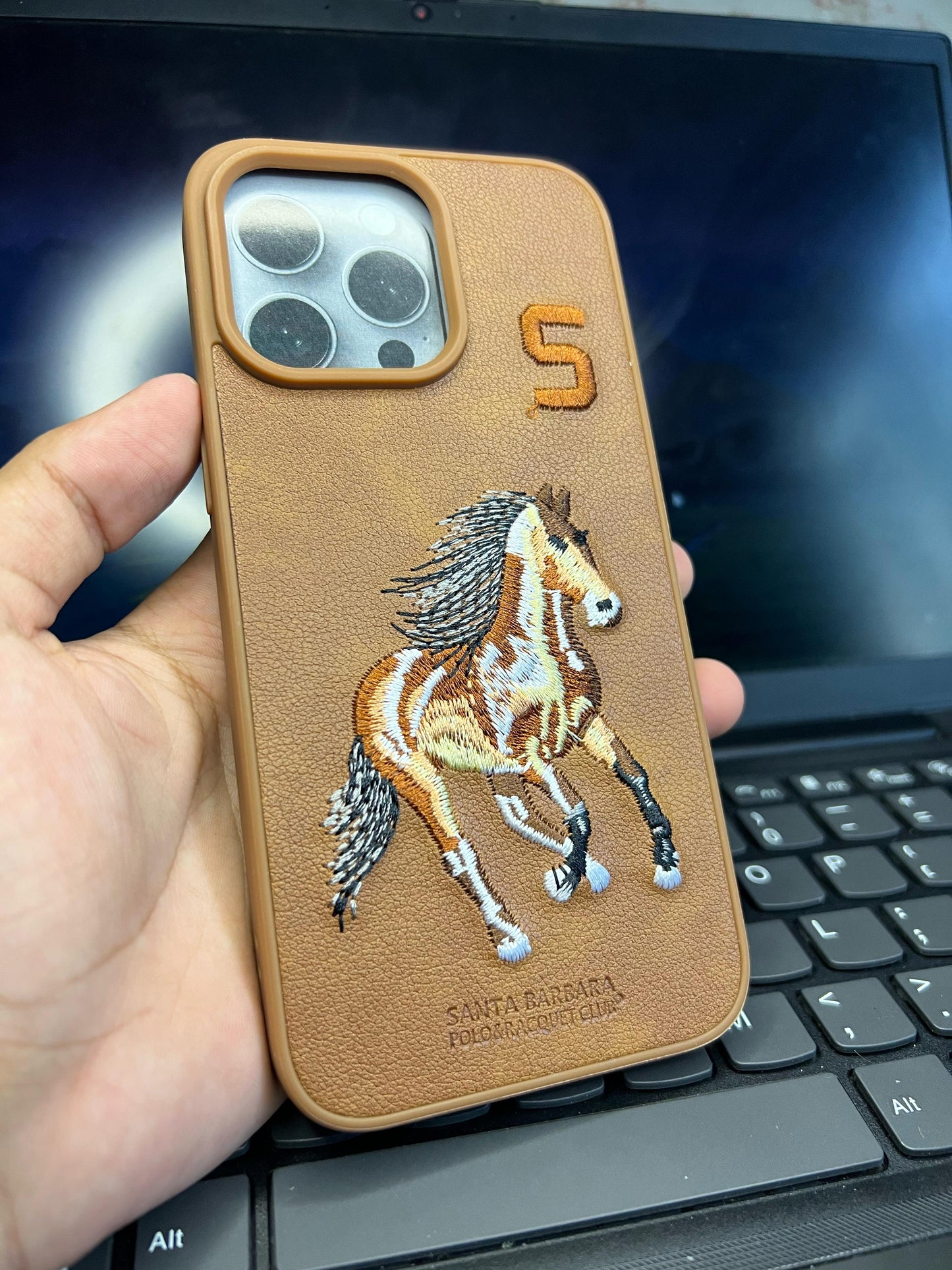 Premium Brown Leather iPhone Case with Embroidered Running Horse Design – Santa Barbara Polo & Racquet Club